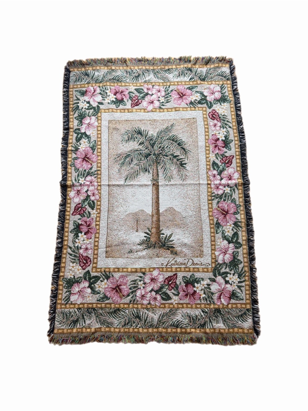 VTG Kathleen Denis Tropical Palm Tree Tapestry Rug Picnic Throw Blanket 42 x 64
